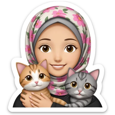 Asian White girl wearing flower-patterned hijab holding a black grey tabby cat while smiling.   sticker