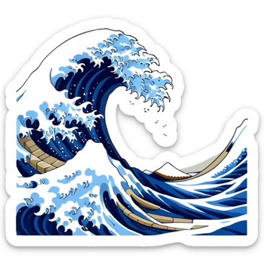 Cinematic Realistic Great Wave off Kanagawa, depicted as a colossal, crashing wave with dynamic blue hues and frothy white crests, rendered with intricate textures and fluid motion that captures both the timeless power and poetic beauty of the iconic Japanese artwork sticker