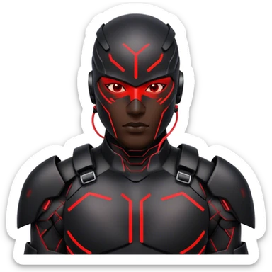 A cyber-warrior with a half-metallic face, neon red lines tracing his black armored skin sticker