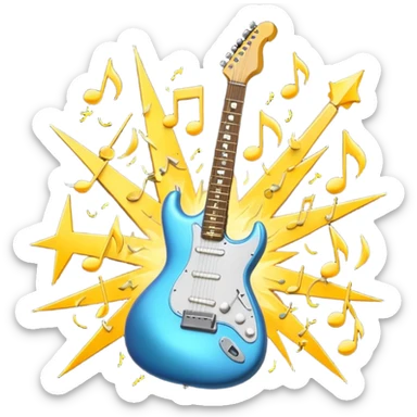 A 3D Apple-style emoji of a bold “ROCK” text written in shiny metallic letters, with an electric guitar leaning on the text, surrounded by small music notes and lightning bolts, energetic and powerful rock music vibe sticker