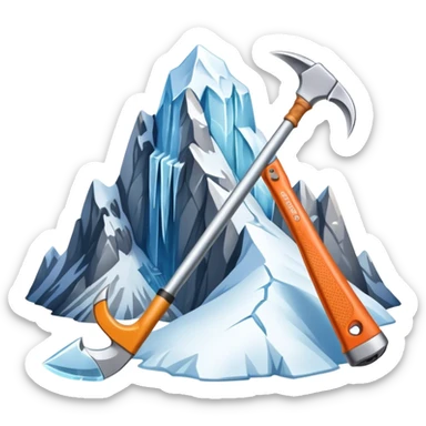 Icon for Mountain Tourism and Climbing: a mountain peak in the background, an ice axe, and climbing gear. The icon should capture the adventure and challenge of alpine exploration. Transparent background. sticker