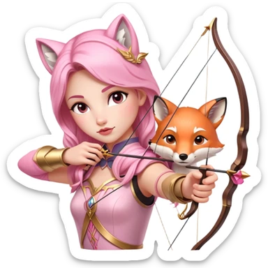 archer aiming bow with fox beside, dreamy fairytale, pink and gold accents, inspired by 'Once Upon a Broken Heart' sticker