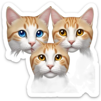 three cats sitting together, 1 lynx point cat with blue eyes, 1 orange and white tabby with yellow eyes, 1 orange with orange eyes sticker