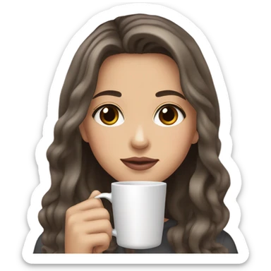 Girl with brown hair with dark gray highlights, fair skin, long beautiful hair, soft pink lips, brown eyes, drinking coffee sticker