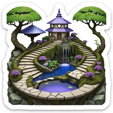Alien saucer house jungle-vines precarious narrow stairway fountain koi pond mountain-island getaway nighttime landscape antique mudman very old broken cracked intricate Stone Age lapis-crusted irregular dodecagon-shaped shallow dark moss rough bark violet serissa flowered maple tree bonsai sticker