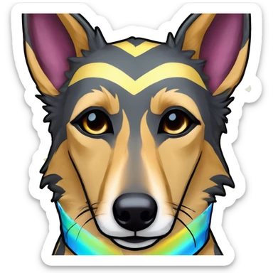  brindle brown black maroon striped lurcher Alsatian fox running blue eyes and iridescent holographic oilslick harness wearing paper iridescent tropical flower crown yellow caution tape sticker