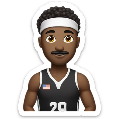 black basketball player with moustache holding the notebook wearing black and white jersey curly hair and handband sticker