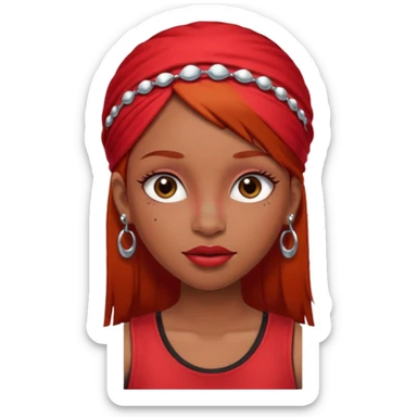 light-skinned black girl with long eyelashes with long strait dark brown hair with edges wearing a red top with no sleeves. and a red accessory on her head with nose and mouth piercings. sticker
