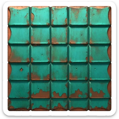 3D render of Roof Tile, heavily oxidized copper texture, verdigris patina, Aged green copper shingle, weathered bronze aesthetic, ancient decay, emoji style, isolated on white background --v 6.0. sticker