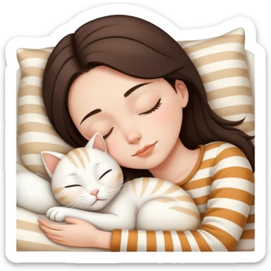 Brunette girl sleeping with white cat with beige stripes sticker