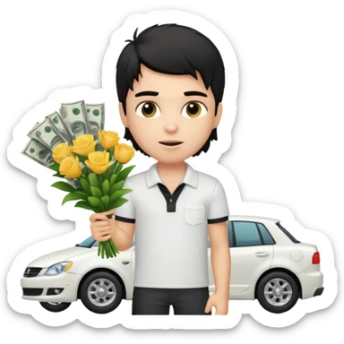 generate a pretty fair bratz boy with a messy mullet (black hair), wearing a white polo.  carrying a bouquet made of money. expensive car behind him sticker