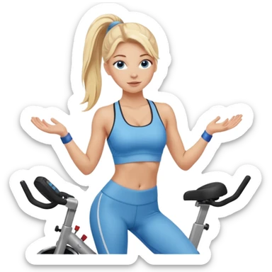 White girl blue eyes blonde hair in long pony tail instructing spin class in sports bra and leggings  sticker