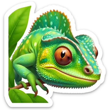 cinematic cute-smiling baby chameleon-realistic emoji,-blending-with-vibrant-greenery.-detailed-scales-in-shifting-colors,-showing-the-chameleon’s-ability-to-camouflage.-soft-natural-light-highlights-its-texture.-light-background, zoomed into its face sticker