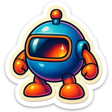 Render this spherical robot in retro stickers style, with bold outlines and vibrant colors, emphasizing a playful and nostalgic look typical of retro stickers. sticker