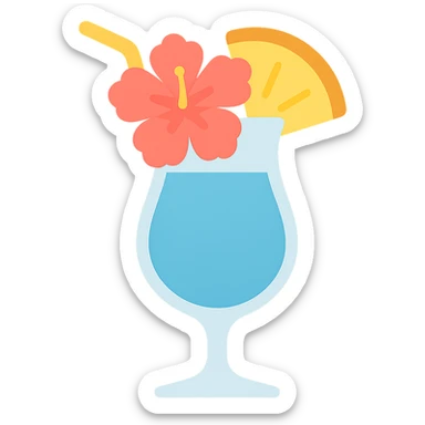 tropical fruity blue cocktail with hibiscus and pineapple garnish sticker