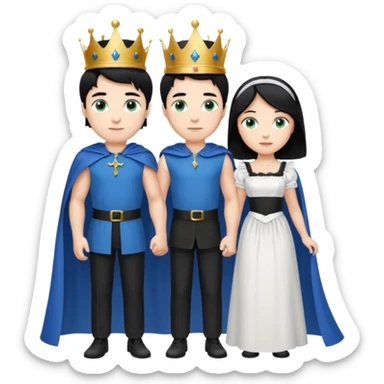 Prince with crown, blue cape and trousers, body and legs, black hair, blue eyes and maid, blonde hair, green eyes, sexy white short sleveless dress,  sticker