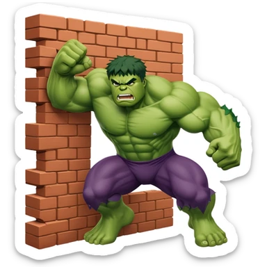 Hulk smashing through a brick wall, green superhero breaking through sticker