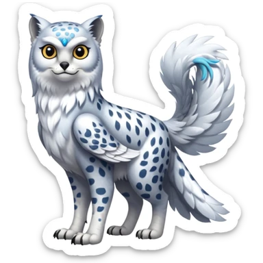 Realistic wild natural elegant pretty beautiful handsome shiny colorful furry 4-legged digitigrade snow-leopard-snowy-owl-gryphon-griffin-arctic-fox-fusion-hybrid-fursona-furry-animal-creature, full body, hyper-realism, long tufted tail sticker