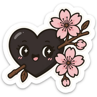 goth sakura heart, heart pierced by sakura branch, black and pink, expressive and fun sticker