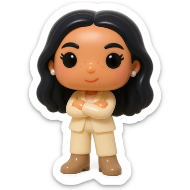 Funko Pop style vinyl figure with luminous smooth tanned skin, highly detailed dark hair, hyper-textured feminine cream suit (jacket and pants), small pearly earrings, greige leather boots clearly visible, arms crossed, rosy cheeks, very discreet freckles, eyelashes, mischievous and cheerful expression, no mouth, transparent background. sticker