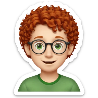 redhead kid with unique face features and very curly hair kid boy happy and big glassess and big nose and very green eyes sticker