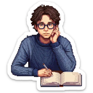 Flat pixel are, calm and curious male thinker, light skin, short tousled dark hair, round glasses, focused expression, wearing an indigo sweater, seated at a desk with open books, one hand resting under his chin in thought, waist-up, front-facing sticker