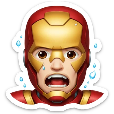 Create a man in an Iron Man costume who is crying with his mouth open and tears flowing sticker
