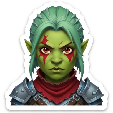 Fantasy Christmas orc legion soldier icon, iron tundra army theme, heavy winter armor, disciplined brutal look, dark icy steel armor with bold crimson cloth and markings, cold blue shadows, high contrast, clean emoji portrait style, female variant sticker