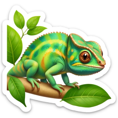cinematic cute-smiling baby chameleon-realistic emoji,-blending-with-vibrant-greenery.-detailed-scales-in-shifting-colors,-showing-the-chameleon’s-ability-to-camouflage.-soft-natural-light-highlights-its-texture.-light-background, zoomed into its face sticker