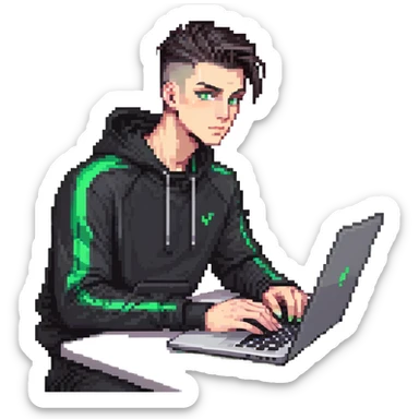 male with dark hair, high fade haircut, high slick back hairstyle, green eyes, wearing a black tracksuit, coding on black laptop sticker