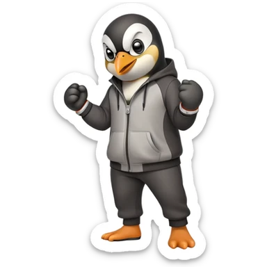 friendly anthropomorphised penguin wearing a mafia-style tracksuit, secretive scheming pose, angry expression, stomping while walking, holding a knuckle duster sticker