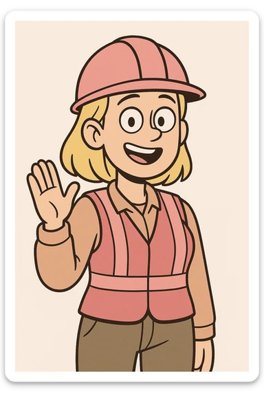 cartoon blonde girl construction worker wearing pink helmet and safety vest, waving, clean background sticker