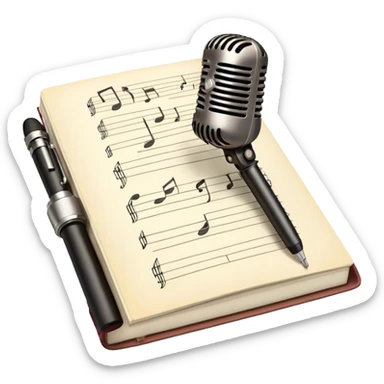 Create an emoji representing songwriting. The design should feature an open notebook or sheet music with visible lyrics and musical notes, symbolizing the process of writing song lyrics. A pen or pencil should be placed near the notebook, indicating active writing. Optionally, include a vintage microphone or a quill to add a creative touch. Use a harmonious color palette with warm and neutral tones. Do not include any emojis or smiley faces. Make the background transparent. sticker