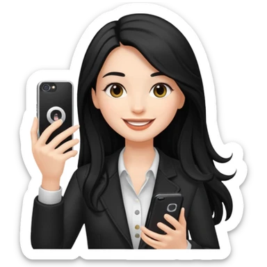 White influencer girl with black long haired, phone in hand, recording herself, confident, trendy, sticker