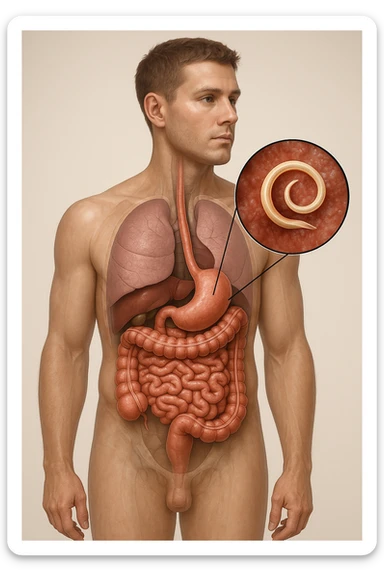 a 3D cutaway view of the human digestive tract, showing an Anisakis larva attached to the intestinal wall. in a man sticker