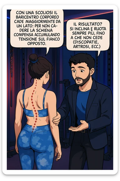 fai questa immagine in versione manga/webtoon a colori, il manga mostra la donna di spalle, mentre l'uomo le tocca la spina dorsale per spiegarle come funziona la scoliosi:
Con una scoliosi il baricentro corporeo cade maggiormente da un lato; per non cadere la schiena compensa accumulando tensione sul fianco opposto.
Il risultato? Si inclina e ruota sempre più, fino a che non cede (discopatie, artrosi, ecc) sticker
