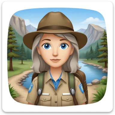 white woman park ranger with blue eyes, brown and gray hair, wearing a backpack, standing in a nature background sticker