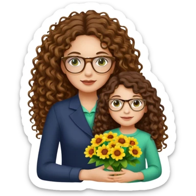 light skinned brunette long curly haired woman with green/hazel eyes framed with fine round gold rimmed glasses holding big bright bunch of flowers with one hand and young kindergarten age daughter's hand (also with long brown curly hair) in other. White background. sticker