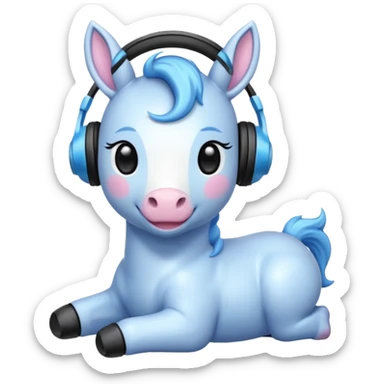 Unicornio bebé azul sentado escuchando música con auriculares negros sticker