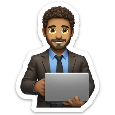 SEO chief carrying a computer in his hands. light brown skin men with curly dark brown hair, brown eyes, little grown beard. imposing, muscular build. sticker