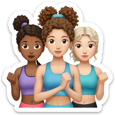 three women friends exercising together, one black woman with curly brown hair, one pale white woman with curly brown hair, and one white woman with straight brown hair in a ponytail sticker