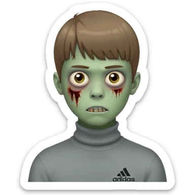 Crie um emoji de um menino com o cabelo castanho claro com uma franja reta e o corte low fade zumbi blusa de gola alta da adidas sticker
