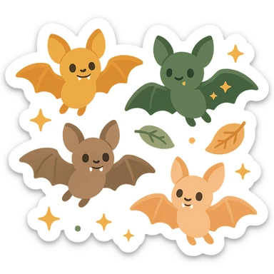 A group of cute, flying bats with a soft and magical aesthetic, illustrated in a warm color palette: golden orange (FA9B41), deep forest green (4A7C5C), muted taupe brown (96775A), and pastel peach (FFCC9A). Each bat has round, friendly eyes, small fangs, and gentle wing shapes with whimsical patterns or tiny stars. Their fur and wings are colored in soft combinations of the given tones, giving them a cozy, storybook-like charm. They fly playfully through a softly glowing night sky with sparkles or floating leaves, creating a dreamy, enchanting atmosphere. The mood is cute, calm, and a little magical sticker
