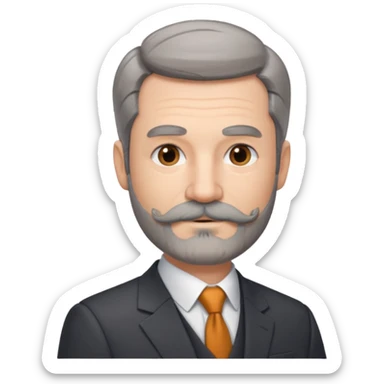 50 yr old white man, pale skin, dark grey hair with some brown highlights, side swept part, groomed moustache and beard sticker