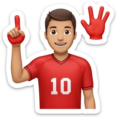 A cheerful man in a team jersey, waving a giant red foam finger high with an excited grin. sticker