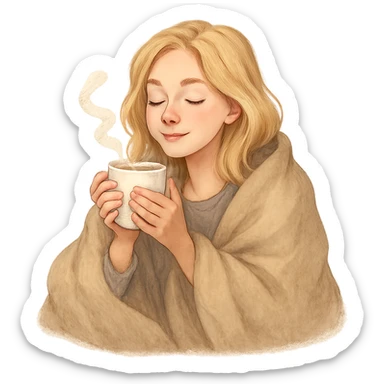 blonde girl snuggled in a blanket, drinking coffee, eyes closed, serene and content sticker