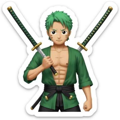 Has a zoro de one piece con sus tres katanas más epico en pocision de ataque y estilo anime  sticker