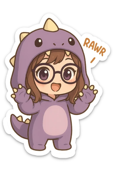 chibi anime style girl with glasses, brown hair, dark purple eyes, wearing a purple dinosaur costume, saying 'rawr' in a cute playful way, with paws up sticker