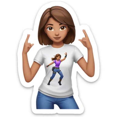 Girl with brown hair dancing with Fortnite shirt sticker