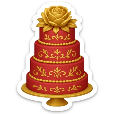 Add gold accents to the red wedding cake with floral decorations. Keep the background transparent. The style is emoji style with concise and simple details. sticker